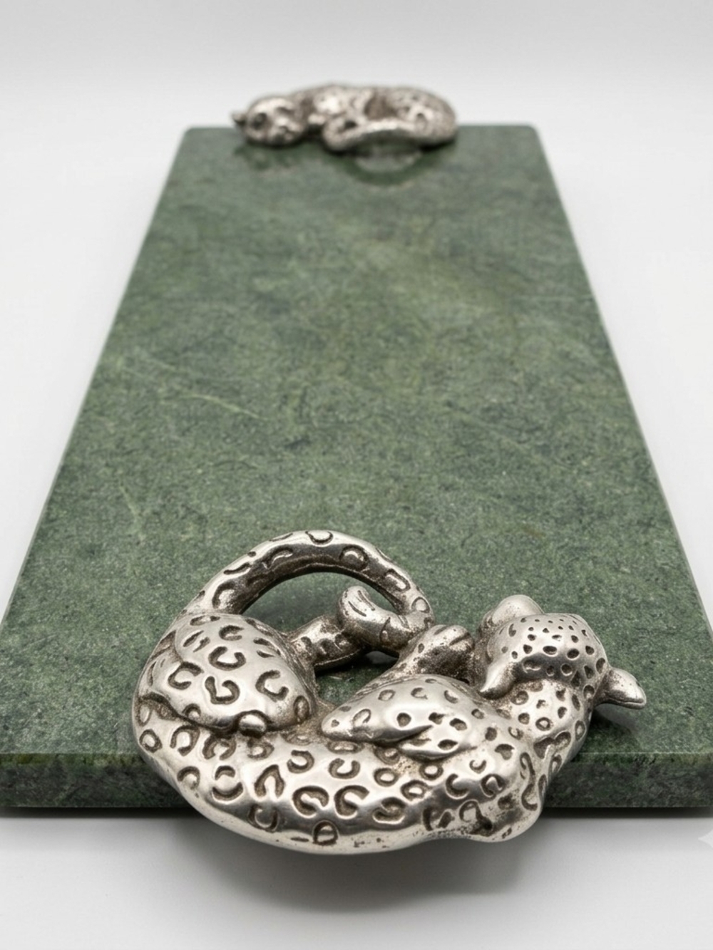 Vintage Green Granite Serving Tray with Silver Leopard Handles – 17" x 6"